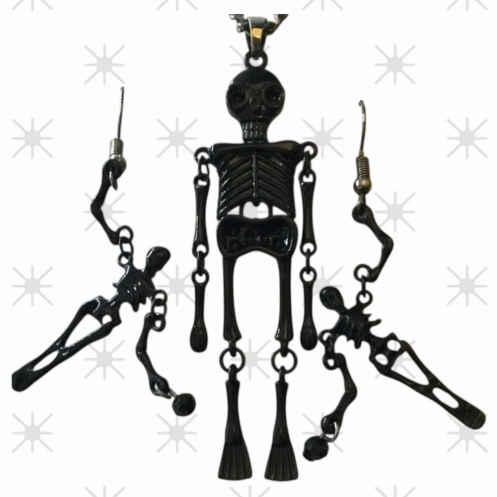 Black Skeleton Necklace and Earring Set gothic Halloween